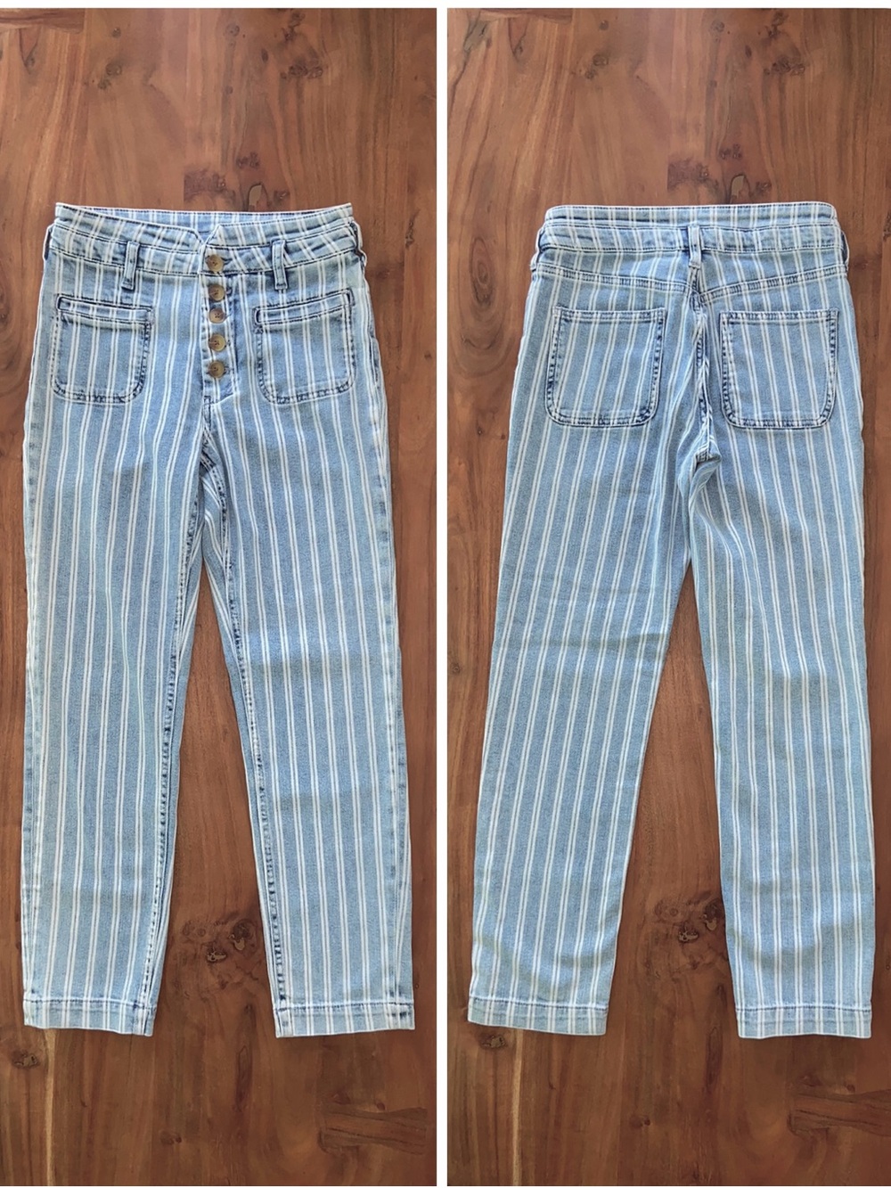 Anthropologie Pilcro High Rise Slim Jean acid wash Railroad Stripe blue white 26
